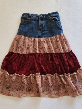 Speechless Denim Waist Maxi Skirt with Floral and Burgundy Velvet Tiers Girls 7